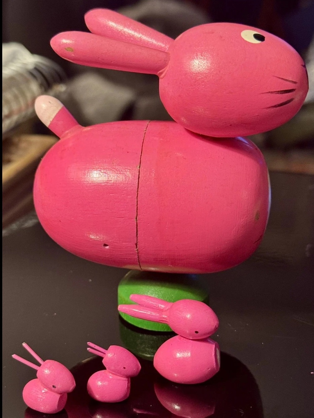 RARE Vtg Shackman Pink Painted Easter Bunny Family Wood Nesting Dolls Set JAPAN
